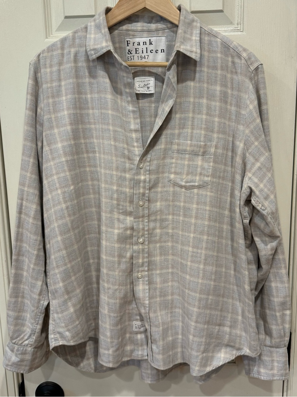 NEW Frank & Eileen Eileen Relaxed Button-Up Flannel in Camel Cream Gray Plaid L - Picture 3 of 10